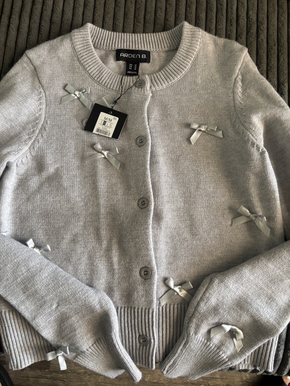 Arden B Gray Ribbon Bow Cardigan Sweater